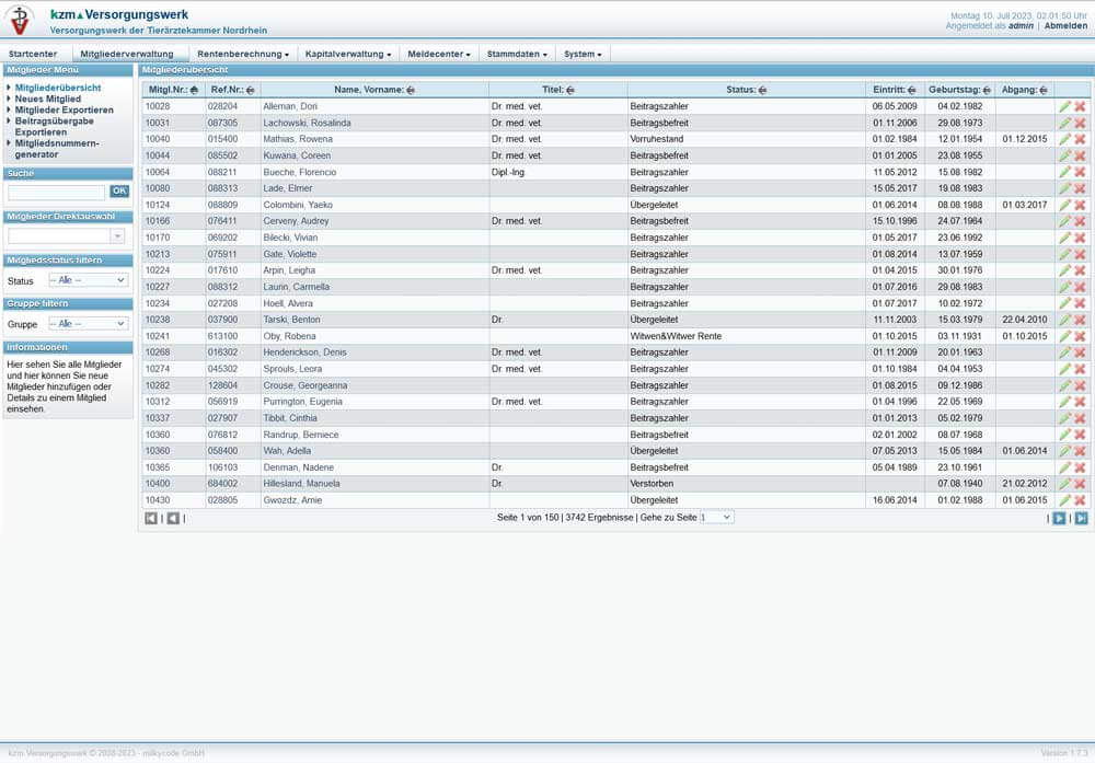 Screenshot: Mitglieder — kzm Versorgungswerk