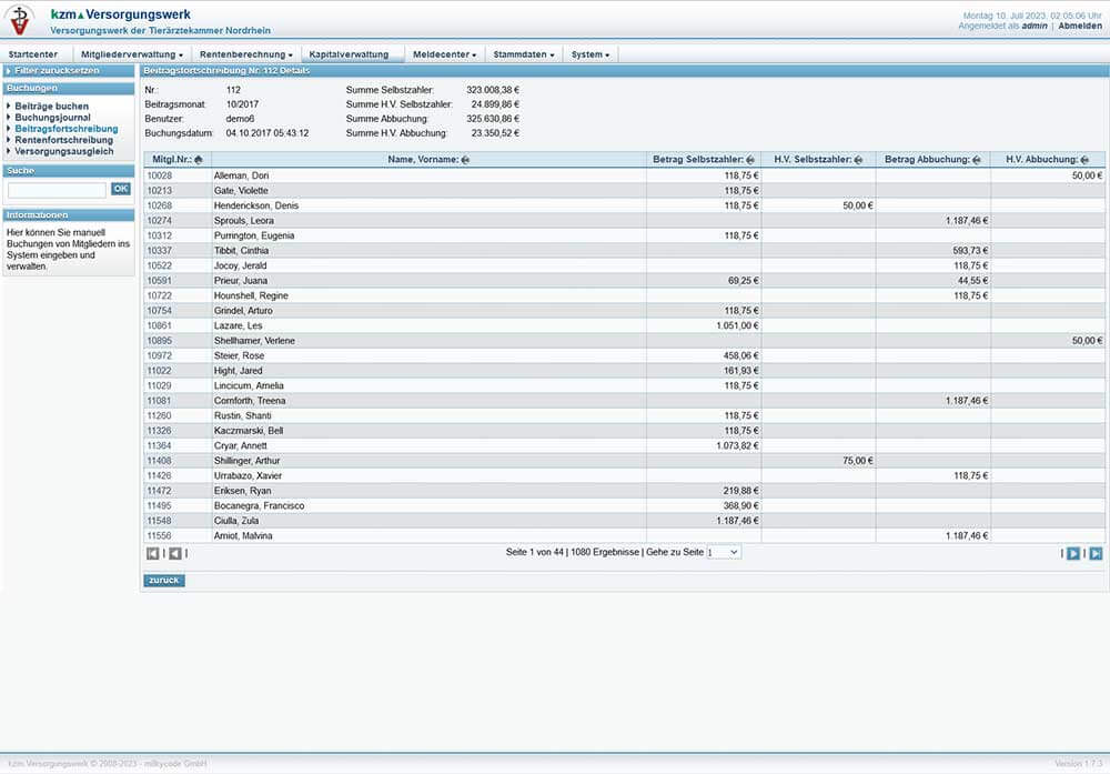 Screenshot: Beitragsfortschreibung — kzm Versorgungswerk