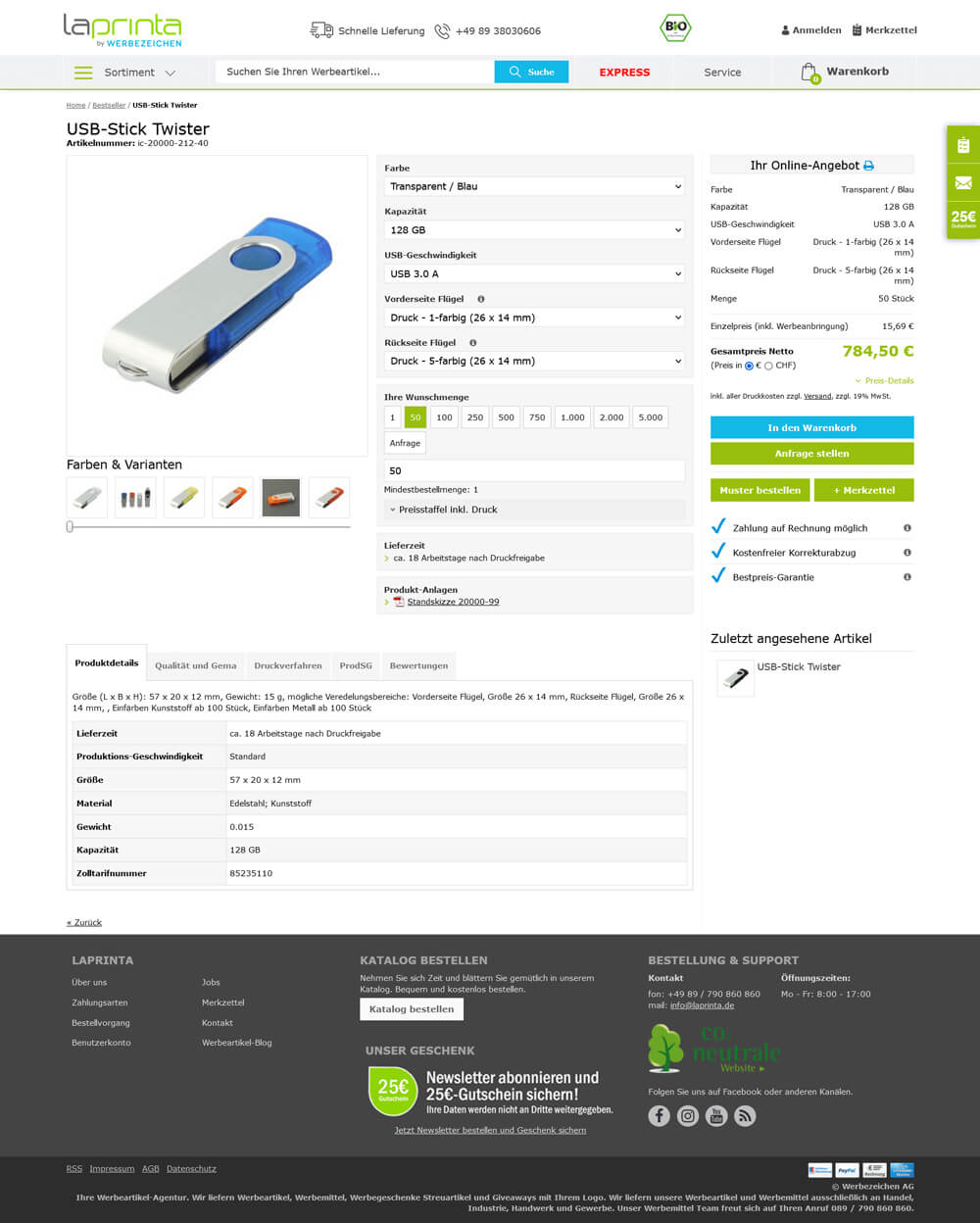 Screenshot einer Produktseite von laprinta.de